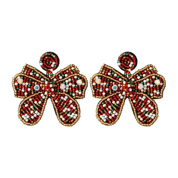Christmas Ribbon Seed Beaded Statement Gift Colorful Bow Earrings NEW - Picture 5 of 6